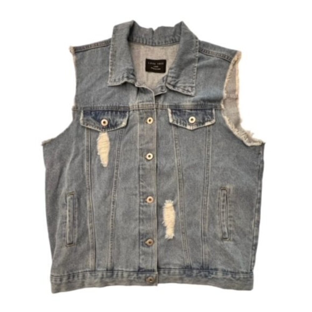 Love Tree Sleeveless Denim Jacket Vest Size Large Distressed Raw Hem BOHO - Picture 1 of 9